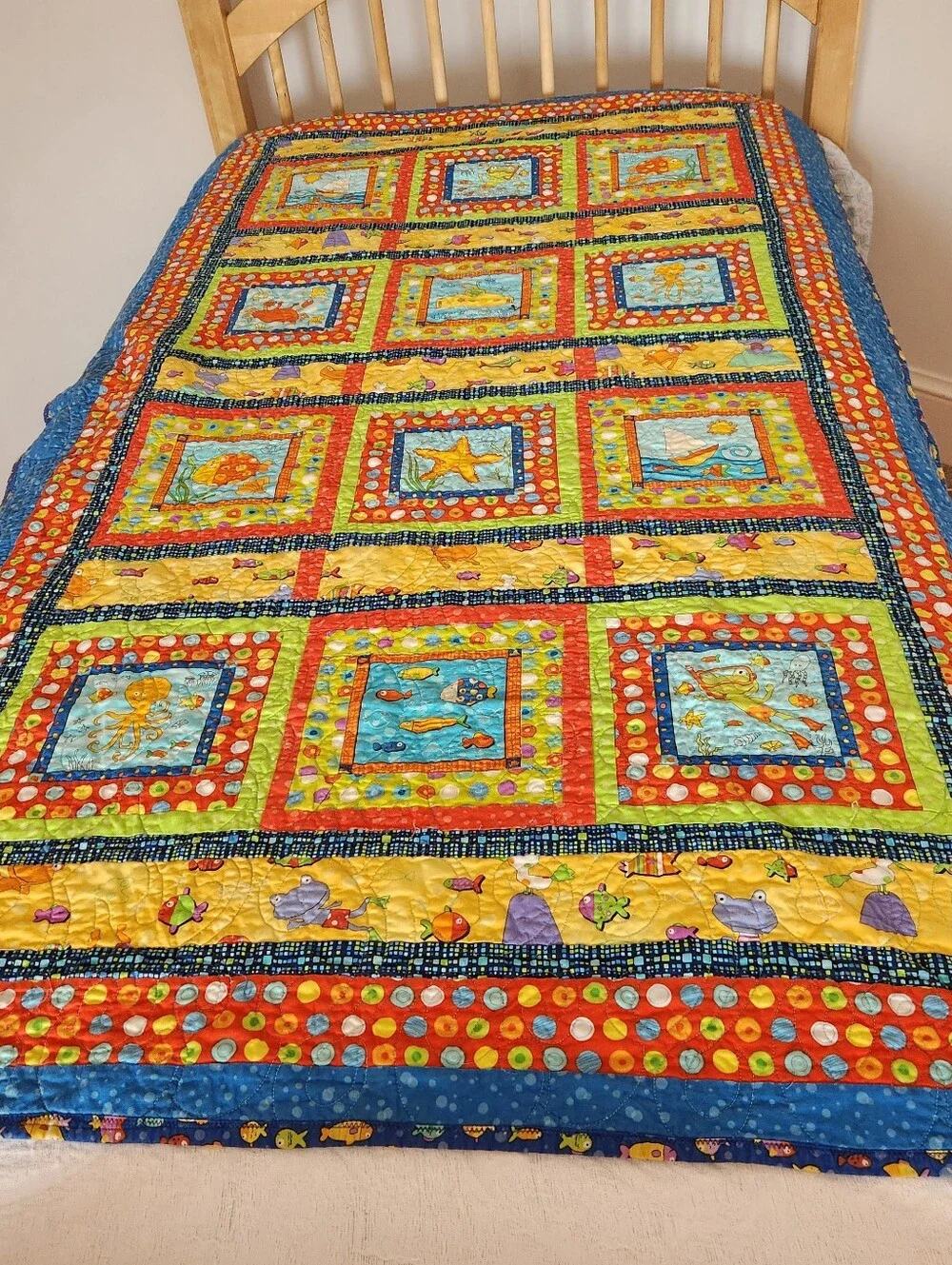 HANDMADE Patchwork Quilt Twin Yellow Kids Cotton Bedding Fish Sail Boat 40 x 70